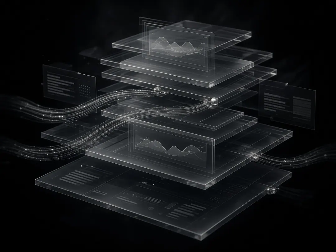 Abstract visualization of a digital growth operating system: connected data streams, glass dashboards, and performance layers on a dark field.