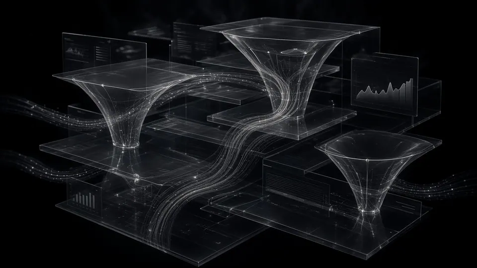 Abstract digital commerce ecosystem with conversion flows and storefront planes.