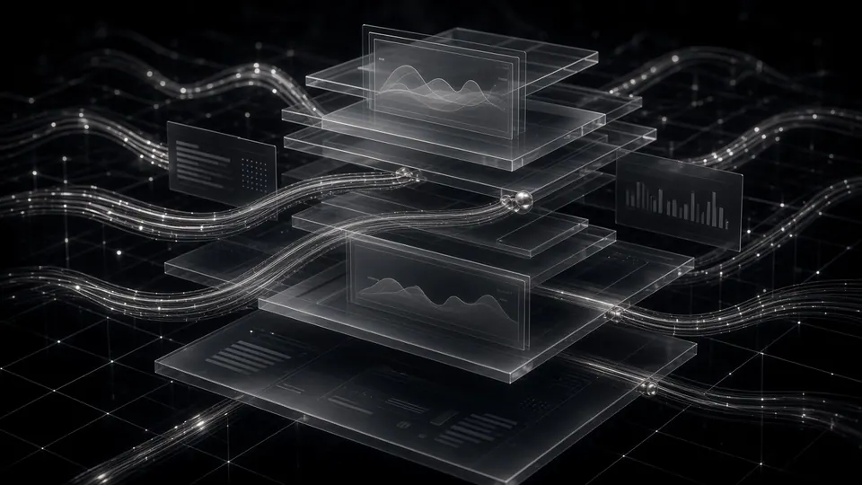 Abstract fintech infrastructure with secure data rails and glass dashboards.
