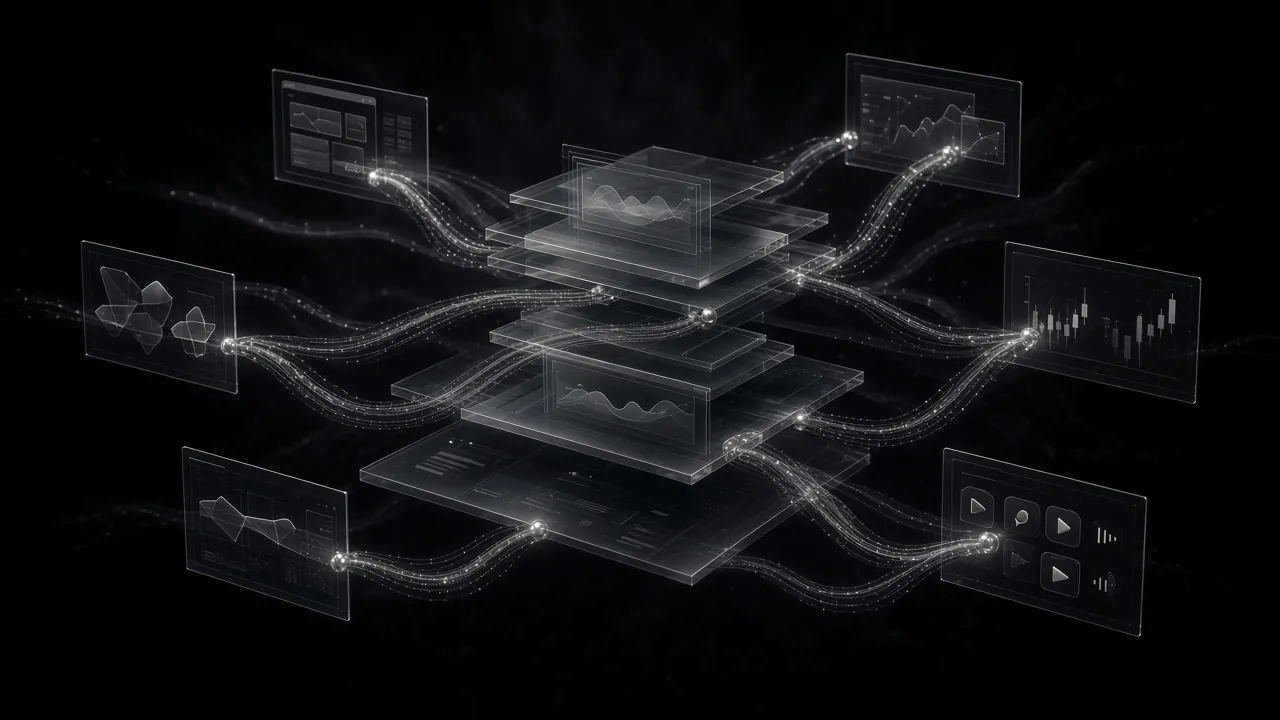 Abstract network of digital companies connected through one performance infrastructure.